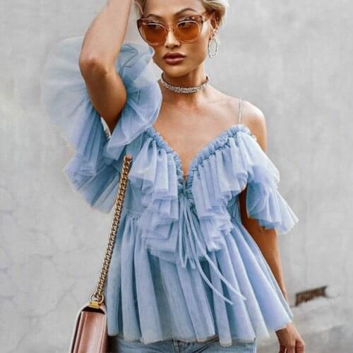 Sexy Perspective Slash Neck Mesh Ruffles Shirts Off Shoulders Retro Lotus Multi-Layers Gauze Blouse Backless Tops Blusas 2020