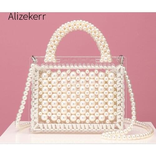 Luxury Acrylic Pearl Evening Clutch Bags Women Handmade Beaded Clear Purses And Handbags Ladies Woven Shoulder Bag Wedding Party