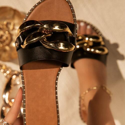 Women Crystal Metal Slippers 2021 Woman Chain PU Leather Flats Summer Female Footwear Ladies Casual Beach Shoes Womens Slides