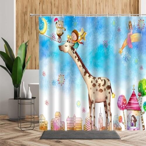 Cartoon Anime Animal Shower Curtains Giraffe Bear Kids Bath Curtain 3D Home Decoration Waterproof Washable Fabric Bathroom Decor
