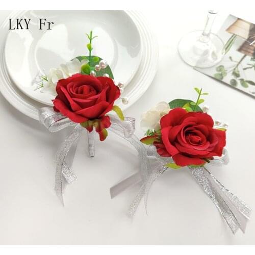 LKY Fr Boutonniere Wedding Corsage Pin Silk Flowers Red Roses Pearl Groom Buttonhole Brooch Flower Bracelet Marriage Accessories