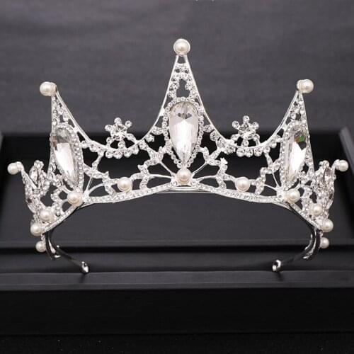 Trendy Rhinestone Baroque Crystal Crown Pearl Silver color Wedding tiara Bridal Headpiece Head Jewelry Bridal Hair Accessories