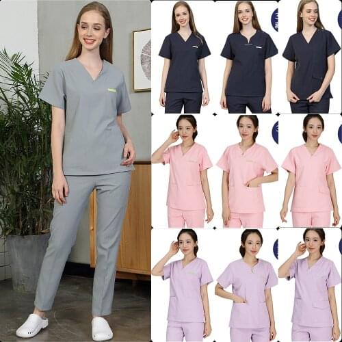 Women Scrub Uniform Nursing Workwear Scrubs Set Anti-static Gray Top and Pant V Neck Working Suits Solid Color 0301