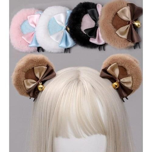 Janpanese Handmade Round Bear Ears Hair Clip Sweet Double Bowknot Bell Plush Animal Hairpins Anime Lolita Cosplay Barrette