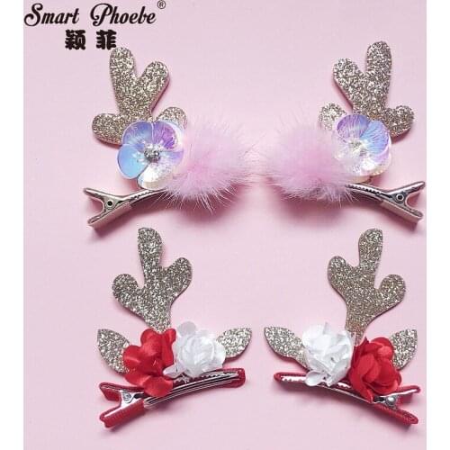 Boutique 10Sets Fashion Glitter Reindeer Ears Hairpins Sequin Floral Fur Pom Pom Animal Ears Hair Clips XMAS New Year Headwear