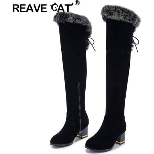 REAVE CAT Fur warm Women Round Toe Square ThicK Heel Plus size 33-46 Over-the-knee Plush Lace Up zapatos femininos Zipper Casual