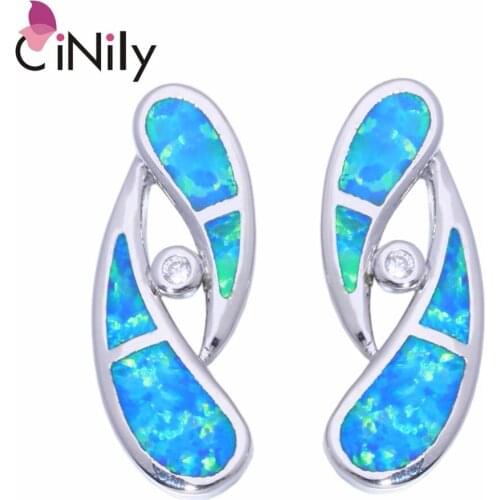 CiNily Created Blue Fire Opal Cubic Zirconia Silver Plated Wholesale for Women Jewelry Gift Stud Earrings 7/8" OH3368