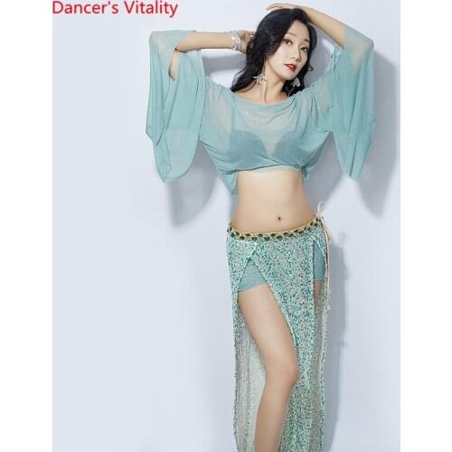 Belly Dance Female Elegant Top Practice Clothes New Refreshing Lotus Leaf Sleeves Sequin Skirt Performance Clothing Suit