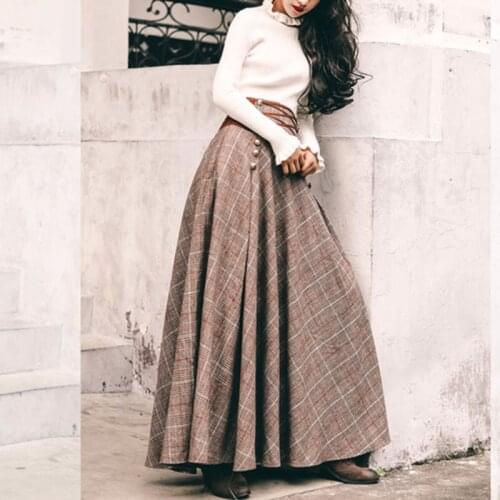 Two Piece Set Women Full Sleeve Blouse Tops and Plaid Woolen Maxi Skirt Sets Female Autumn Winter Sweats Skirt Womens Outfits