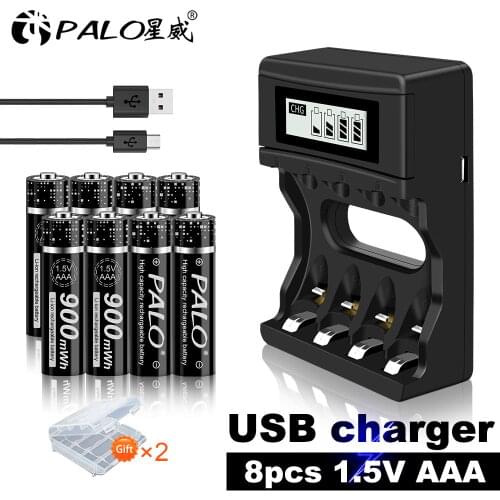 PALO LCD Smart Charger for 1.5v AA AAA Lithium Li-ion Rechargeable Battery with 4pcs AAA Rechargeale battery Li-ion 1.5v