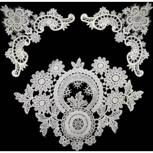 2Pieces/Sets White Black Floral Lace Applique Motif Trim Wedding Embroidery Sew Craft Neckline DIY Free Shipping