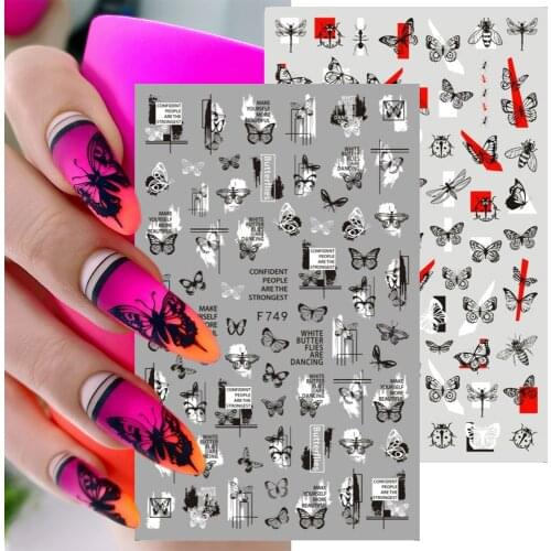 3D Sticker Punk Design Letter Art Line Butterfly Leaf Geometric Nail Charm Set Sticker Decorative Nail Art Transfer Decal F742