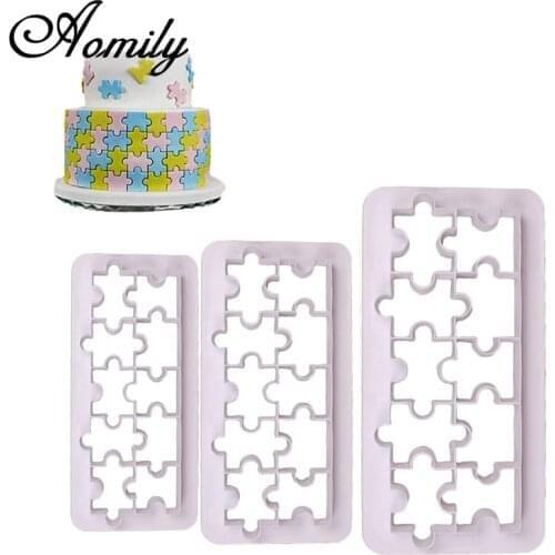 Aomily 3pcs/set Jigsaw Puzzle Mold Cake Cutter Sugar Craft Tiara Fondant Icing Cutting Cake Cookies Tool for Decoration Baking