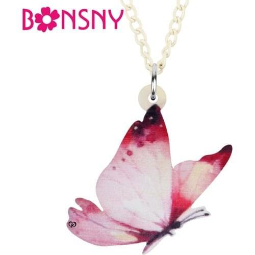 Bonsny Acrylic Cute Pink Butterfly Necklace Choker Chain Animal Pendant Jewelry For Women Girls Kids Fashion Gift Accessories