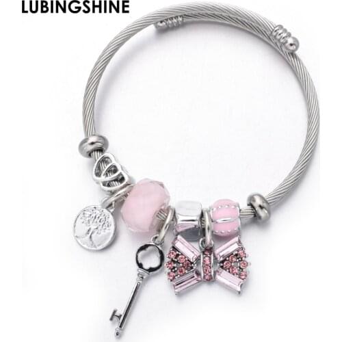 Tree of Life Charms Stainless Steel Bracelets Bangles Crystal Bowknot Pendant Bracelet Adjustable Jewlery for Women Girls