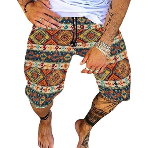 Men Shorts Straight-leg Breathable Cotton Blend Casual Retro Print Shorts Elastic waistband internal draw cord shorts men 2021