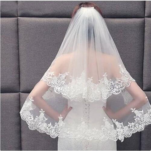 Ivory Two Layer Tulle Bridal Veil White Lace Trim Edging Elbow Length Veil With Comb Wedding accessories