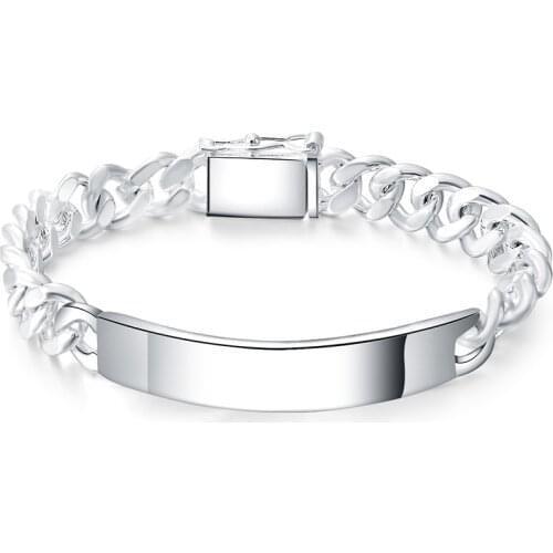 Hip-Hop Mens 925 Sterling Silver Bracelet, Bridge Surface Glossy Sideways Bracelet Cuban Chain Jewelry Gift