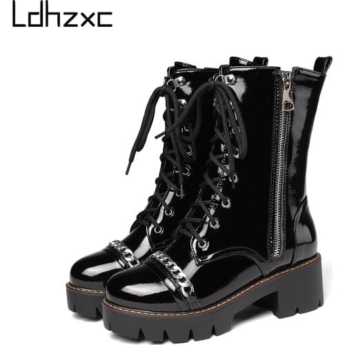 LDHZXC 2020 Autumn Winter Women Ankle Boots women Platform Female high heels Boots With Buckles Round Toe Zipper Short Boots