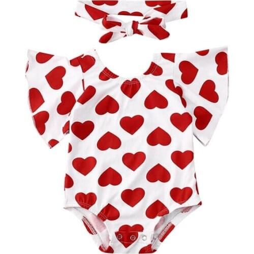 2020 Summer Baby Girl Rompers Newborn Baby Clothes Toddler Flare Sleeve heart-shaped Romper Jumpsuit Headband 2 Pieces