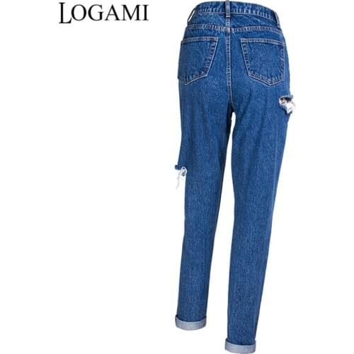 LOGAMI Ripped Boyfriend Jeans For Women High Waist Hole Straight Jeans Woman Causal Denim Pants