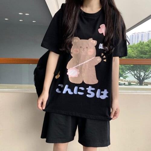 OLOMLB Kawii Cute O-Neck T- Shirt Womens Soft Sweet Loose Short-Sleeve Clothing Girls Summer Japanese Little Bear Printing Top