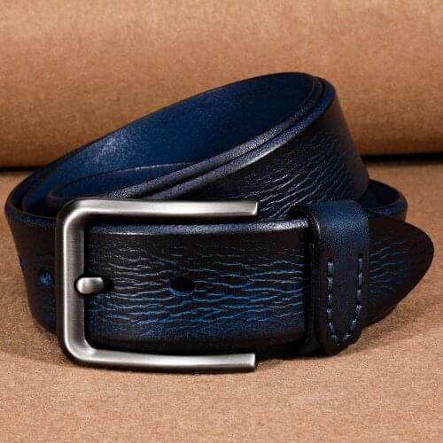 Genuine Leather Men Pin Belt Vintage Mens Jeans Belt Fashion Blue Coffee Cowskin Alloy Pin Buckle Belt High Quality DiBanGu