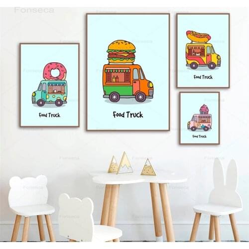 Cartoon Hamburger Hot Dog Ice Cream Wall Art Canvas Printing Nordic Posters and Prints Wall Pictures Girl Room Food Truck Decor