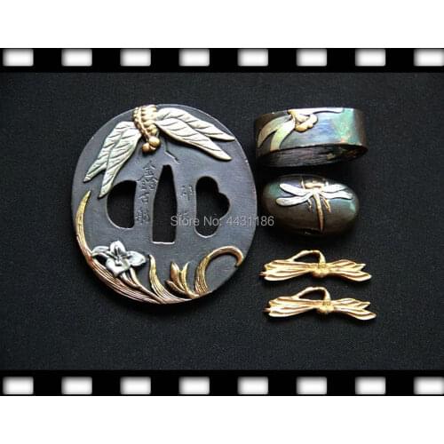 A Set Exquisite Dragonfly Design Copper Sword Fittings for Japanese Samurai Katana Metal Crafts Tsuba Menuki Fuchi Kashira
