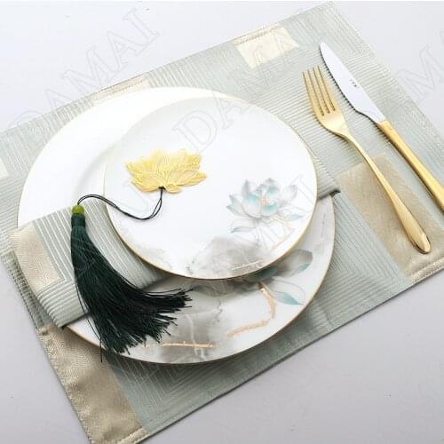 Golden Stroke Ceramic Plate Set Bone China Main Course Painted Lotus Fruit Salad Plates Western Steak Dishes Kitchen Tableware