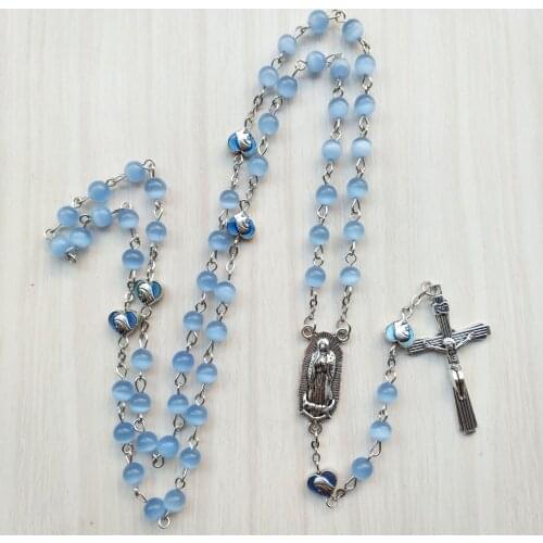 New Opal Sky Blue Jesus Cross Madonna Necklace Religious Rosary Men and Women