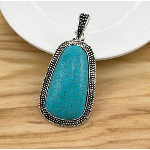 1 Piece Large Rectangle & Faux Turquoise Stone Tibetan Silver Charms Pendants for Necklace Jewellery Making 69x30mm