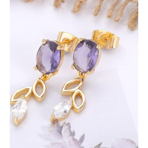 Luxury Gold Color Leaves Earring Delicate Micro Inlaid Purple Cubic Zircon CZ Stud Earrings Wedding Jewelry Pendant Accessories