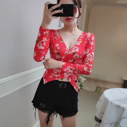 Sexy Woman T-shirt 2020 New Spring Summer Cross V - Neck Stretch Tight Floral Base Shirt Long Sleeve T - Shirt Sexy Bodycon Tops