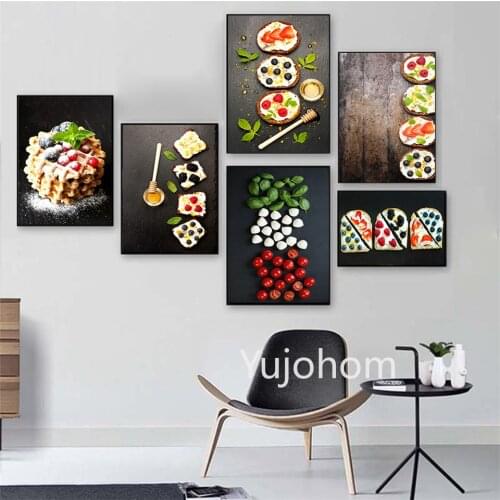 Sweet Dessert Jam Waffles Cake and Fruits Canvas Painting Poster and Prints Kitchen Room Decoration Fresh Food Wall Art Picture