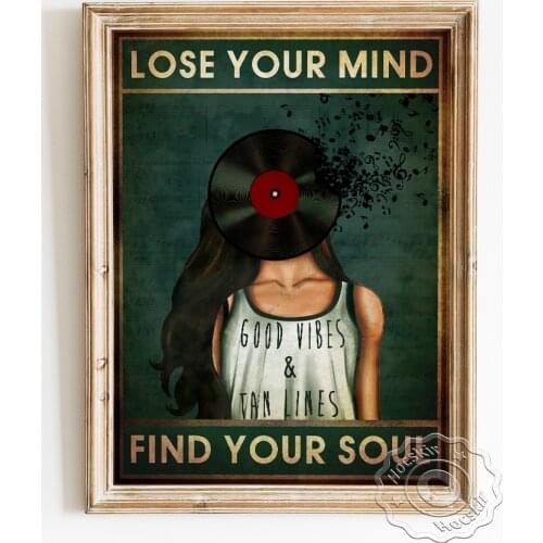 Good Vibes Tan Lines Vintage Art Poster, Listen Music Long Hair Girl Wall Stickers, Vinyl Record Living Room Bedroom Wall Decor