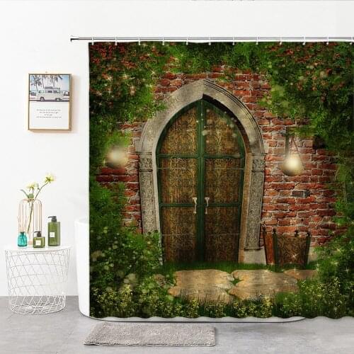 Fairy Forest Shower Curtains Big Tree Red Brick House Door Natural Landscape Home Decoration Curtain Bathroom Things For Hooks