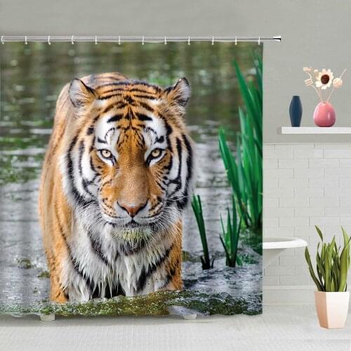 Wild Animals Stork Sky Shower Curtain Alpaca Lion Tiger Crane Mountain Forest Sea Pattern Decoration Waterproof Fabric With Hook
