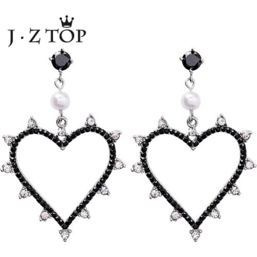 JZTOP Retro Black Crystal Heart Stud Earrings Imitation Pearl Geometric Long Earrings For Woman Fashion Oorbellen Jewelry