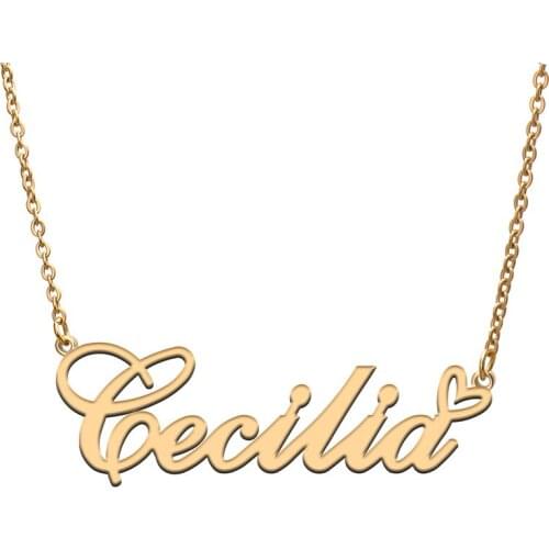 Love Heart Cecilia Name Necklace for Women Stainless Steel Gold & Silver Nameplate Pendant Femme Mother Child Girls Gift