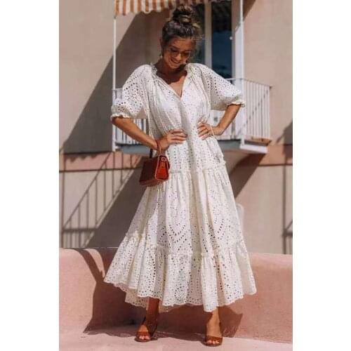 Fairy Dress Hollow Embroidered White Dress Womens Summer Slim Holiday Dress