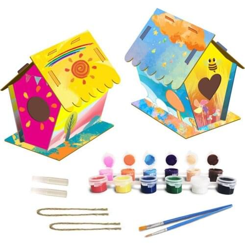 2pcs DIY Bird House Kit DIY Wooden Nesting Box Kids Painting Toy Bird House Bird Box Handmade Wooden Box Cage Outdoor Birdhouse