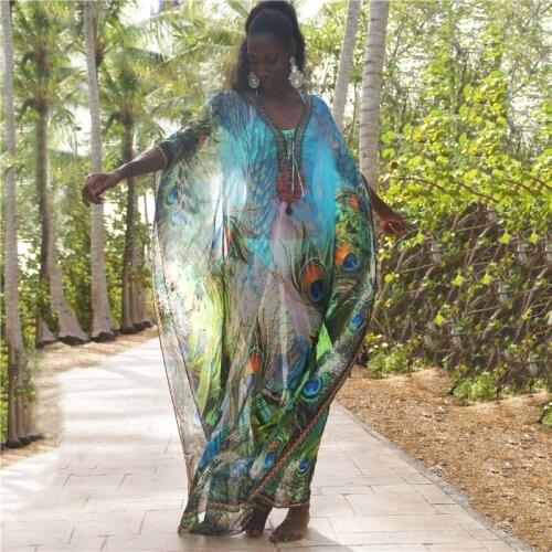 2021 Multicolored Bohemian Floral Printed V-neck Bats Sleeve Long Summer Beach Dress Plus Size Women Beachwear Maxi Dress N1041