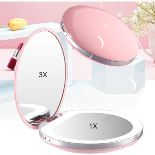 USB Chargable Mini LED Makeup Mirror Portable Compact Pocket Mirror 3 levels Brightness Mirror Light Hand Mirror 3X Magnifying