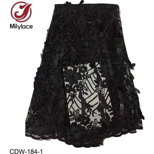 Black African Lace Fabric 5 Yards 3D Applique Tulle Lace with Beaded and Sequin Dubai Embroidery French Lace Fabric CDW-184