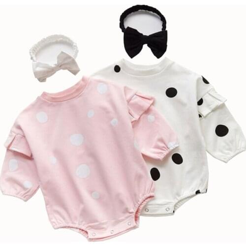 Lovely Baby Girls Round Neck Ruffle Long Sleeve Newborn Dot Cotton Rompers Triangle Design Spring princess Rompers