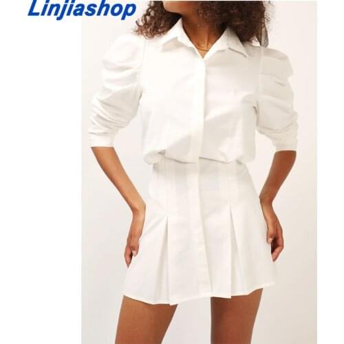 Elegant Single Breasted Bodycon Mini Shirt Dress Women Autumn Puff Sleeve Turn Down Collar Office Lady Dresses Outfit High Waist