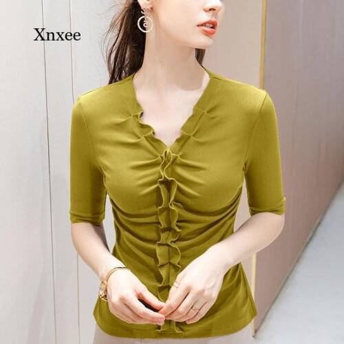 V-Neck Ruffle Tee Summer Patchwork Shirts Fashion Women Fold T-Shirt Sexy Ol Harajuku Tops Solid Half Sleeve Vintage Clothes