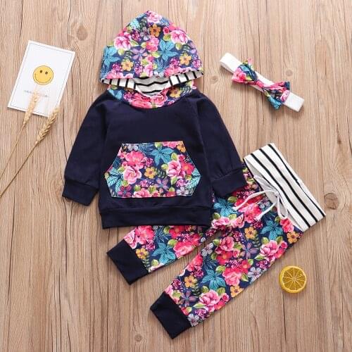Autumn Floral Newborn Baby Girl Clothes Set Cute Yellow Hooded Tops Flowers Print Pants Headband 3 Pcs Infant Clothing Outfits