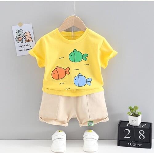 Baby Boy Summer Clothes Childrens Suit Fashion Cute Three Fish Pattern Cotton Breathable Casual Short Sleeve 2-Piece Set